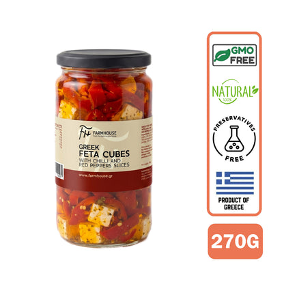 Farmhouse Greek Feta Cubes With Chili Peppers. GMO & Preservative Free, 270g