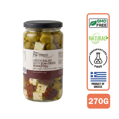 Farmhouse Greek Salad (Feta Cubes, Kalamata, Green, Peppers, Sundried Tomatoes, Oregano). GMO & Preservative Free, 270g