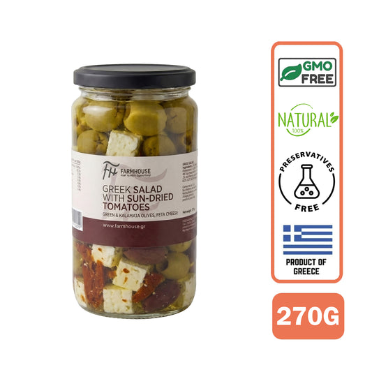 Farmhouse Greek Salad (Feta Cubes, Kalamata, Green, Peppers, Sundried Tomatoes, Oregano). GMO & Preservative Free, 270g