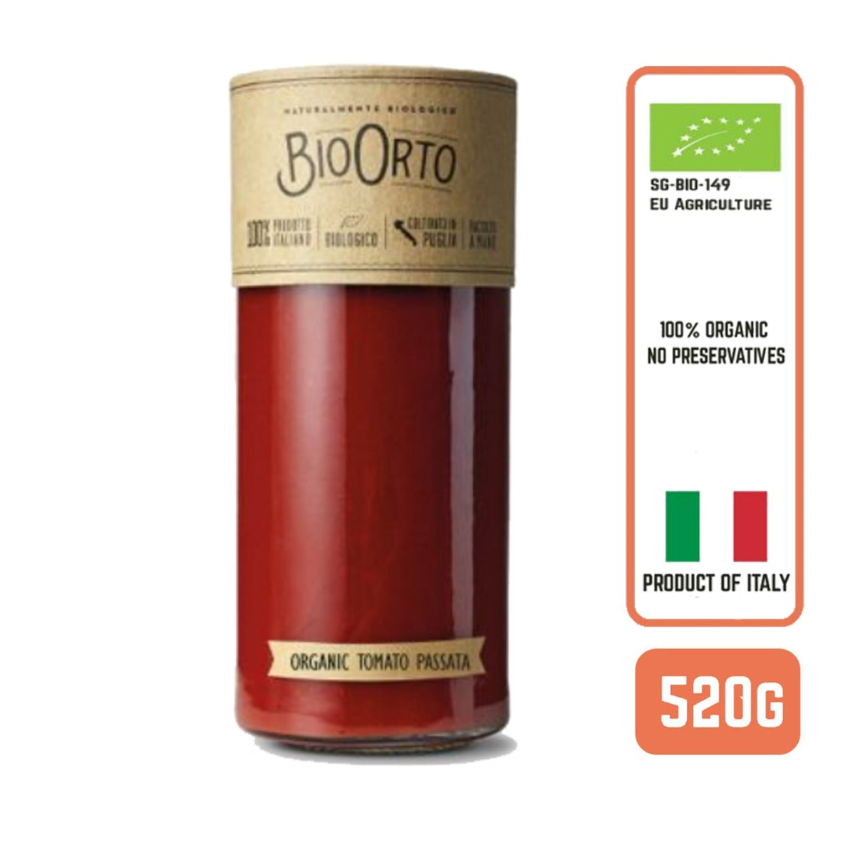 BioOrto Organic Tomato Passata Sauce with Lycopene, 520G - Foodsterr PTE LTD