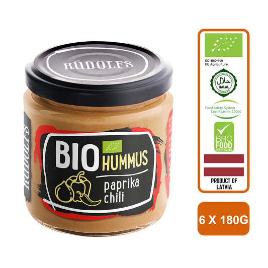 Rudolfs Organic Hummus with Paprika & Chili, 180g Carton (6 Bottles)