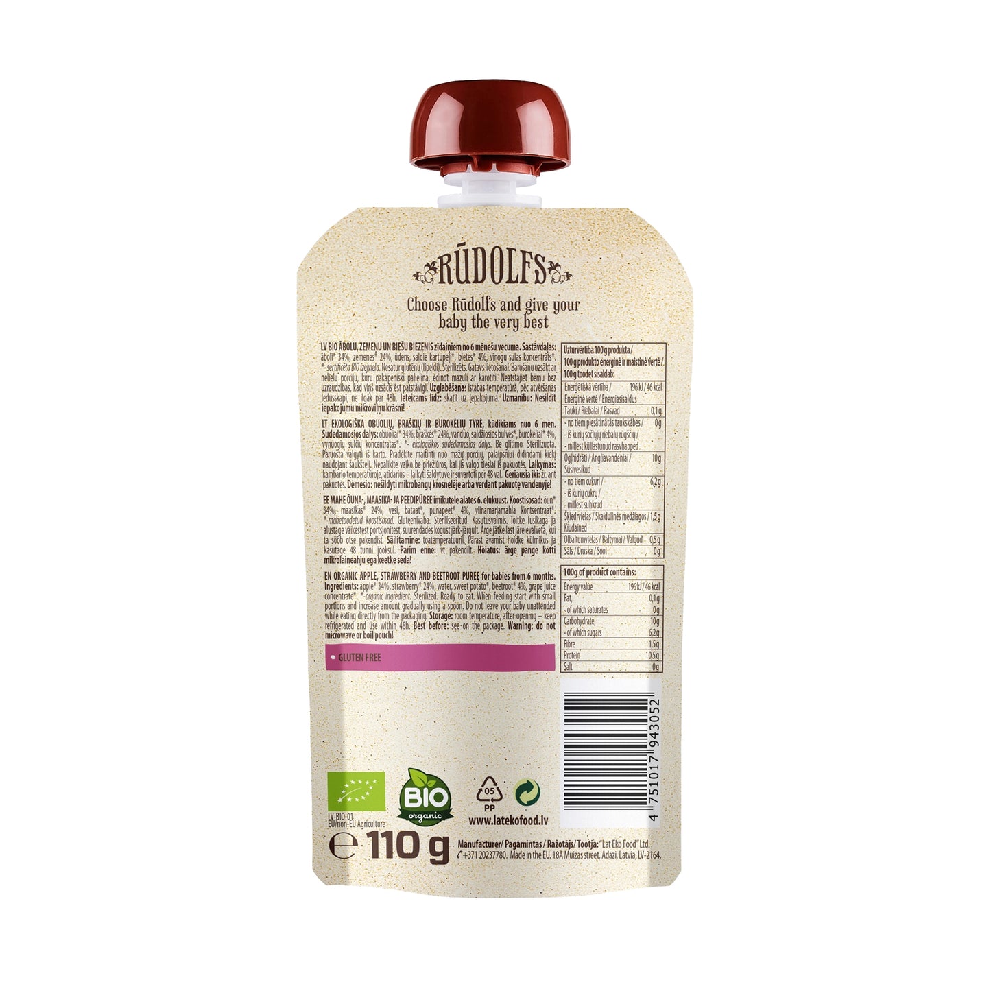 Rudolfs Baby Organic Apple, Strawberry & Beetroot 6+ Months (8 pcs)