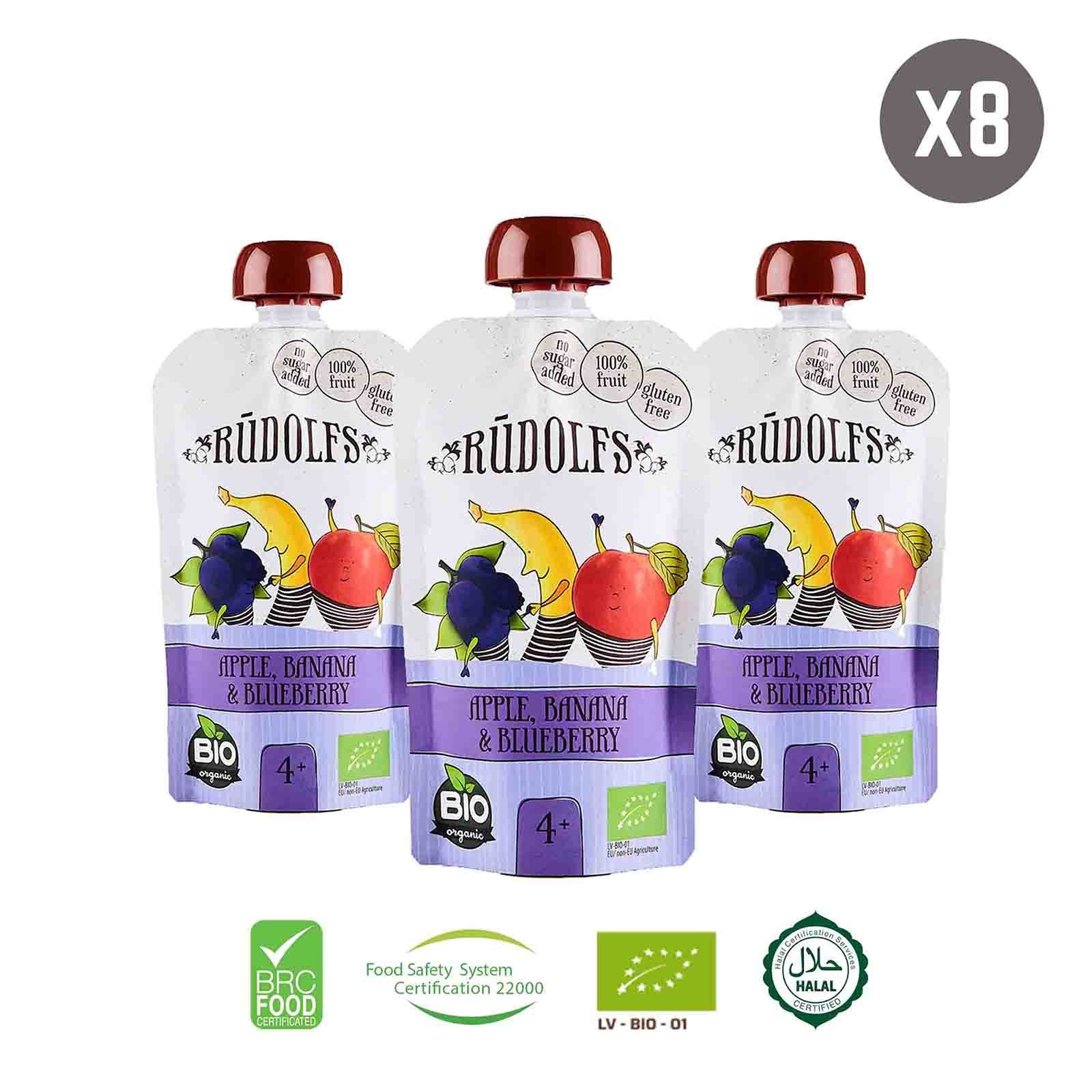 Rudolfs Organic Apple, Banana & Blueberry 4+ Months (8 pcs) - Foodsterr PTE LTD