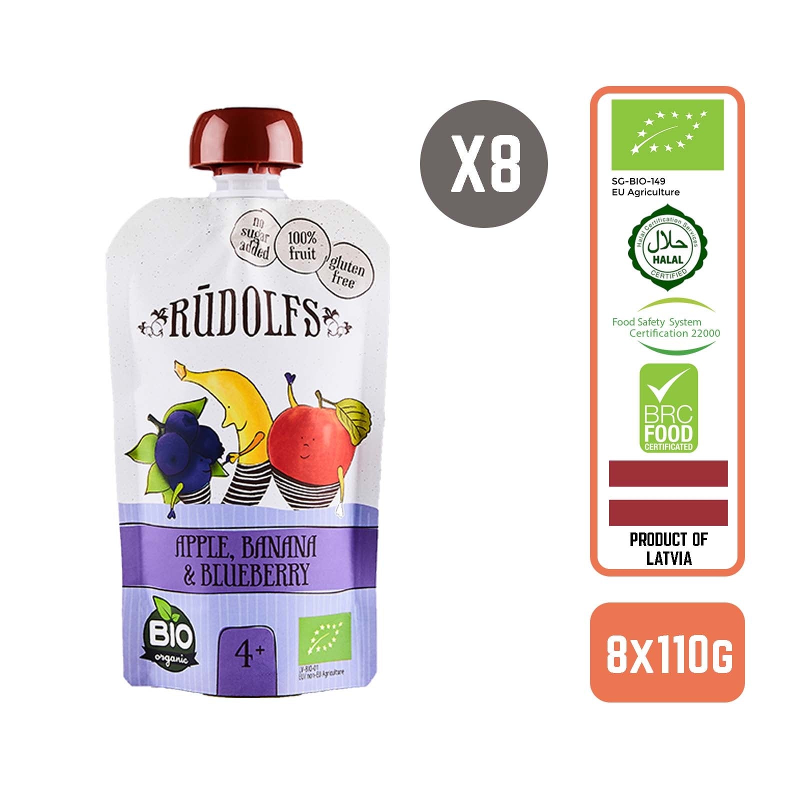 Rudolfs Organic Apple, Banana & Blueberry 4+ Months (8 pcs) - Foodsterr PTE LTD