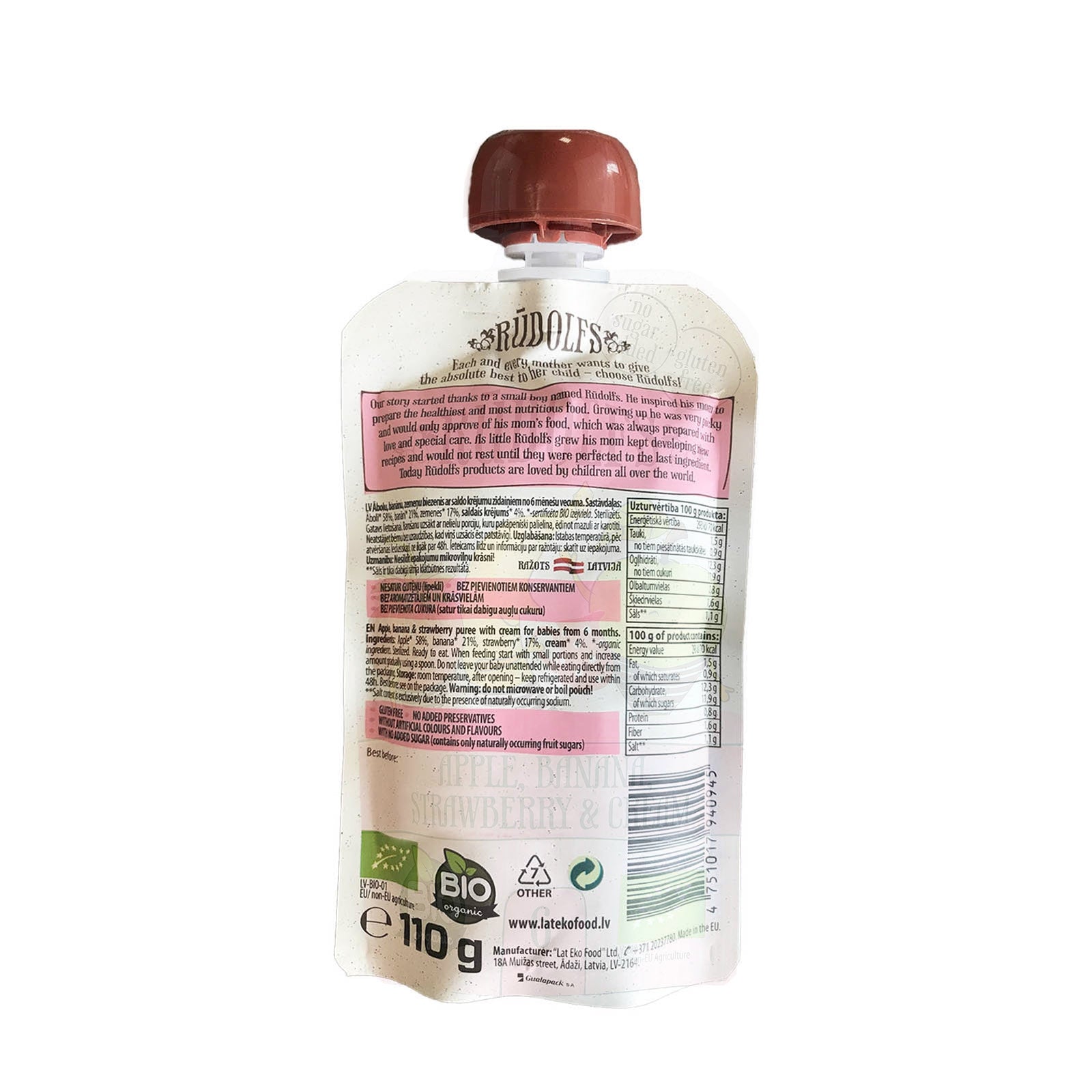 Rudolfs Organic Apple, Banana, Strawberry and Cream 6+ Months (8 pcs) - Foodsterr PTE LTD