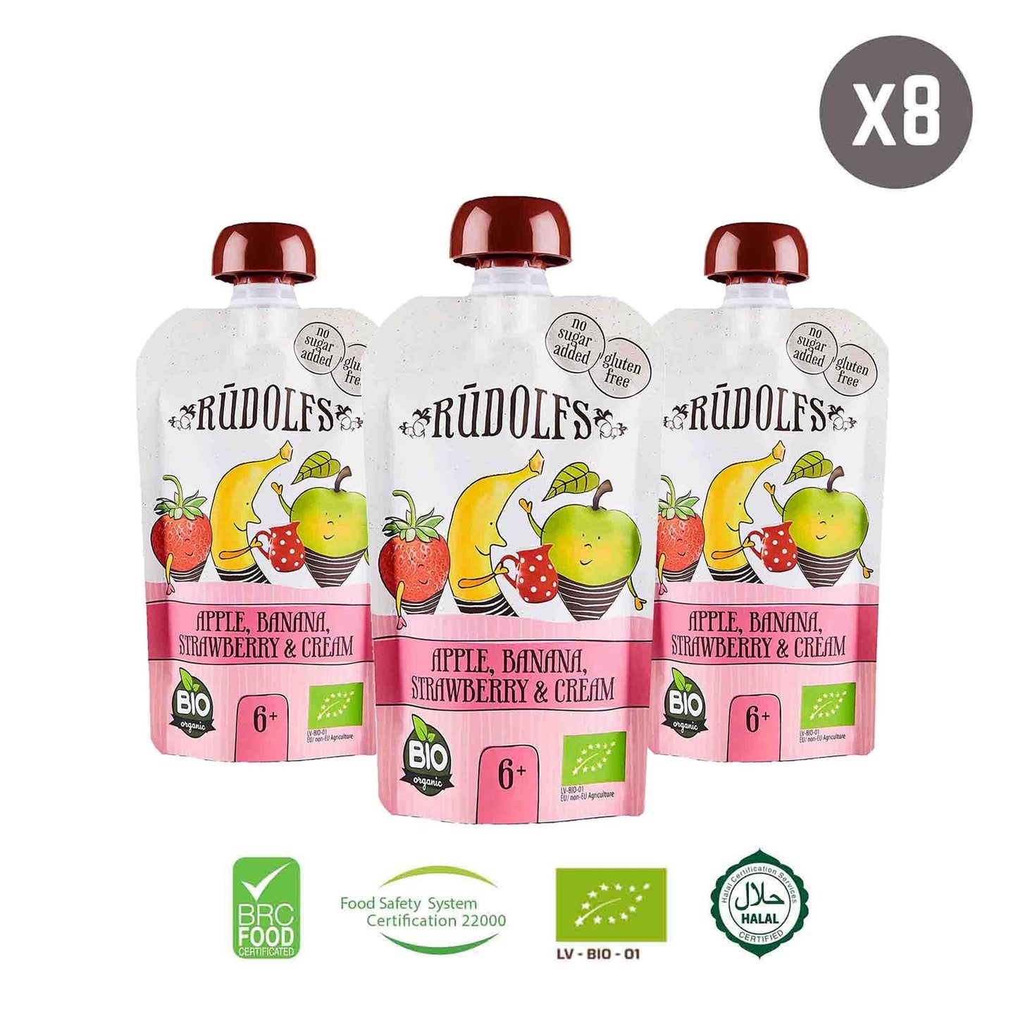Rudolfs Organic Apple, Banana, Strawberry and Cream 6+ Months (8 pcs) - Foodsterr PTE LTD