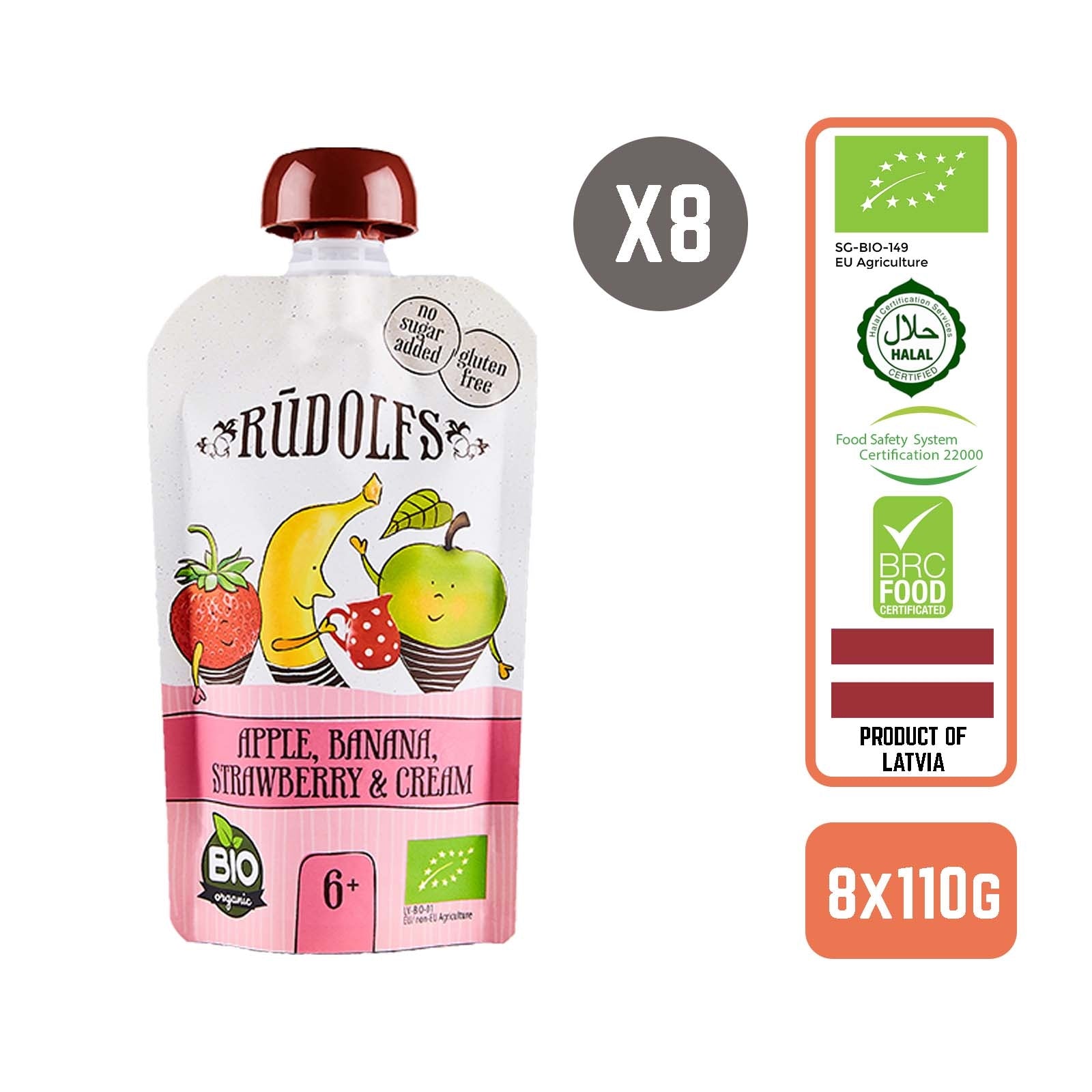 Rudolfs Organic Apple, Banana, Strawberry and Cream 6+ Months (8 pcs) - Foodsterr PTE LTD