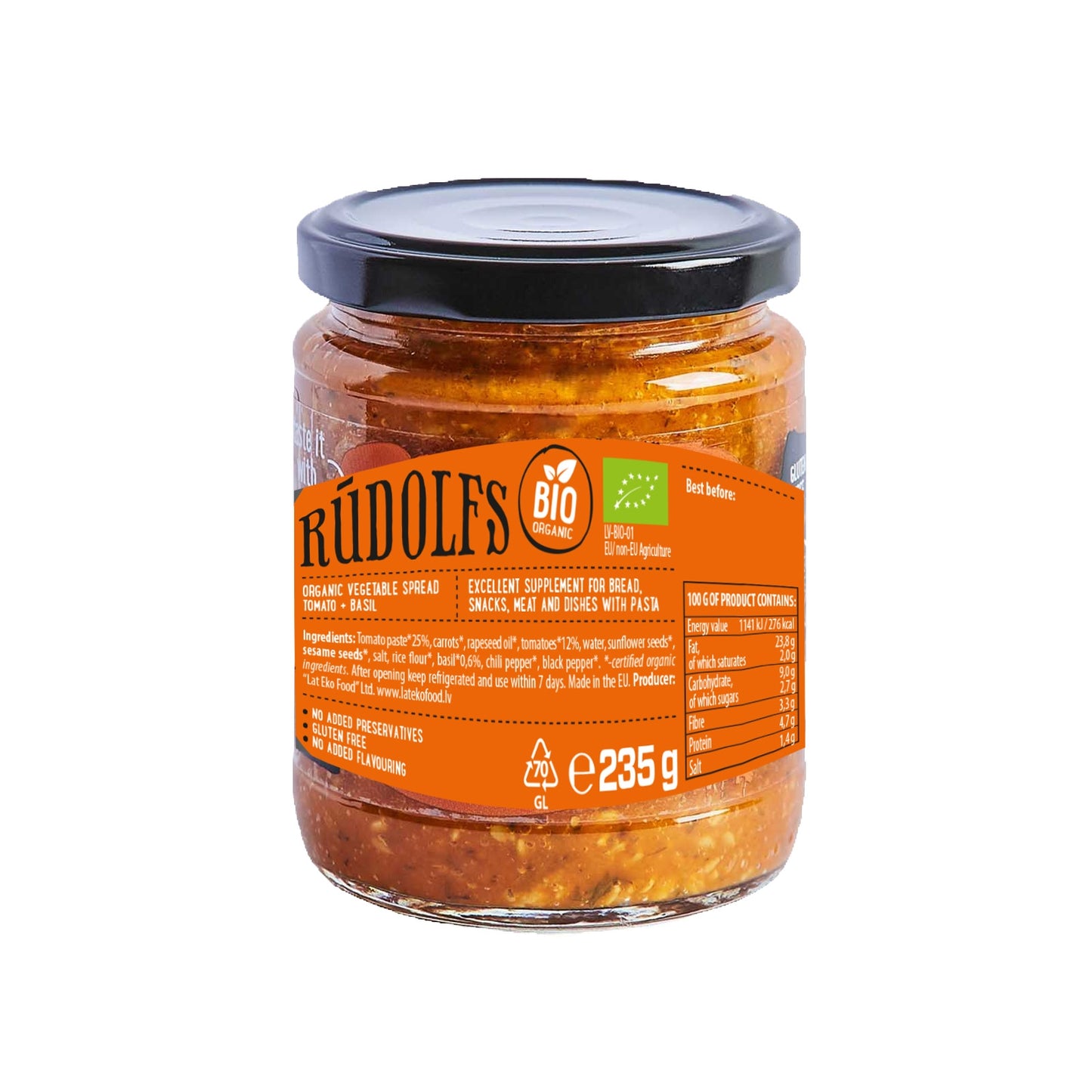 Rudolfs Organic Vegetable spread - Tomato & Basil (Gluten Free) - Foodsterr PTE LTD