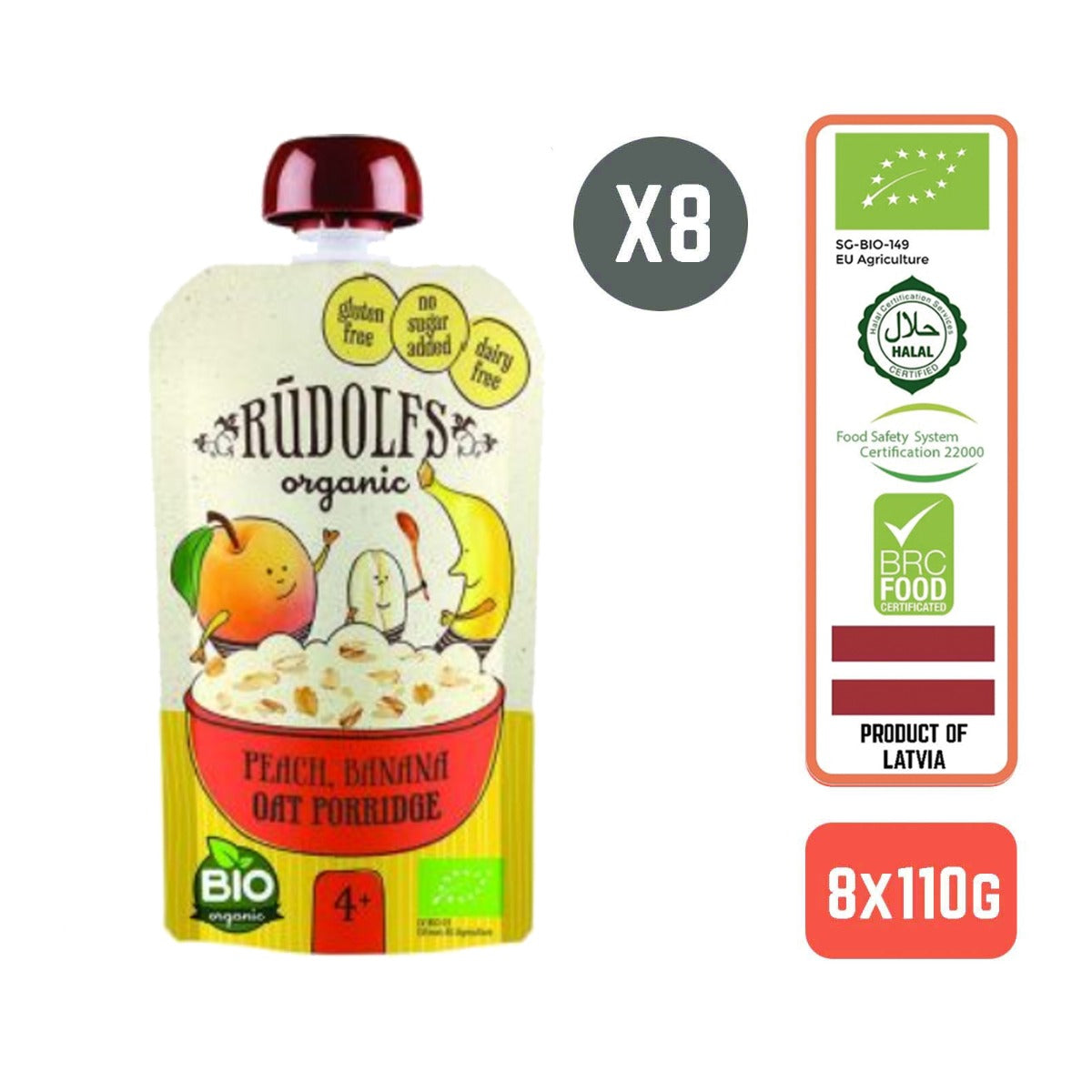 Rudolfs Baby Organic Peach Banana Oat Porridge 4+ Months (8 pcs) - Foodsterr PTE LTD