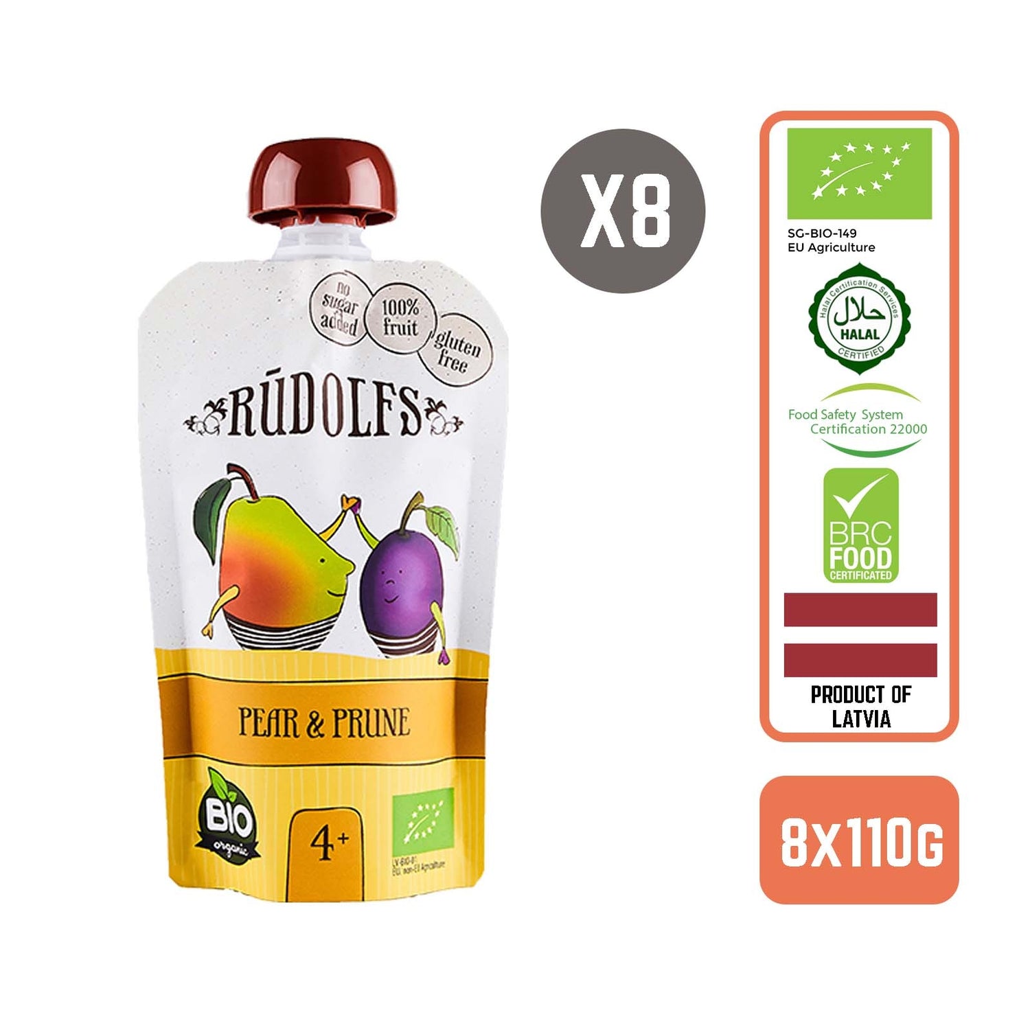 Rudolfs Organic Pear & Prune 4+ Months (8 pcs) - Foodsterr PTE LTD
