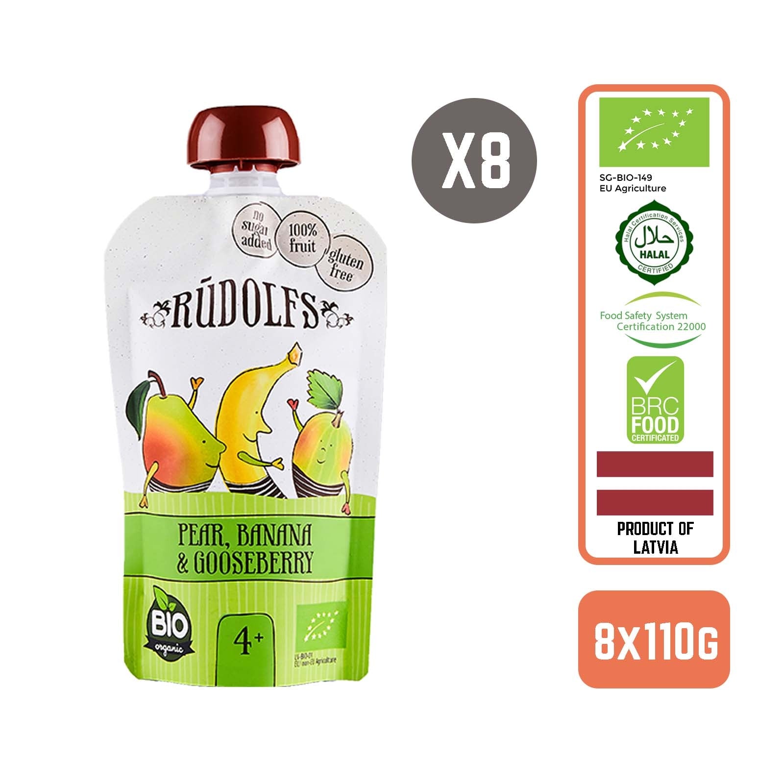 Rudolfs Organic Pear, Banana & Gooseberry 4+ Months (8 pcs) - Foodsterr PTE LTD