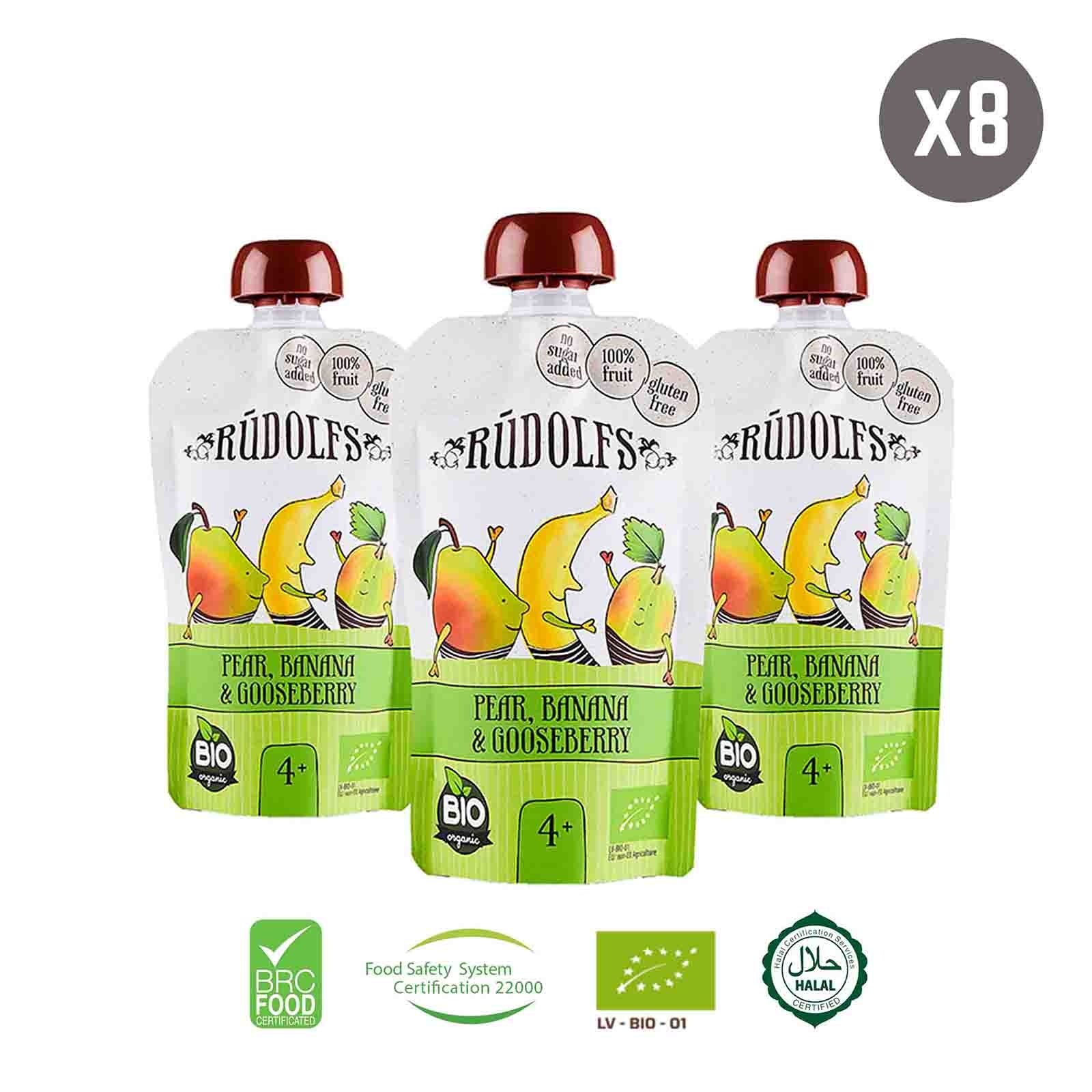 Rudolfs Organic Pear, Banana & Gooseberry 4+ Months (8 pcs) - Foodsterr PTE LTD